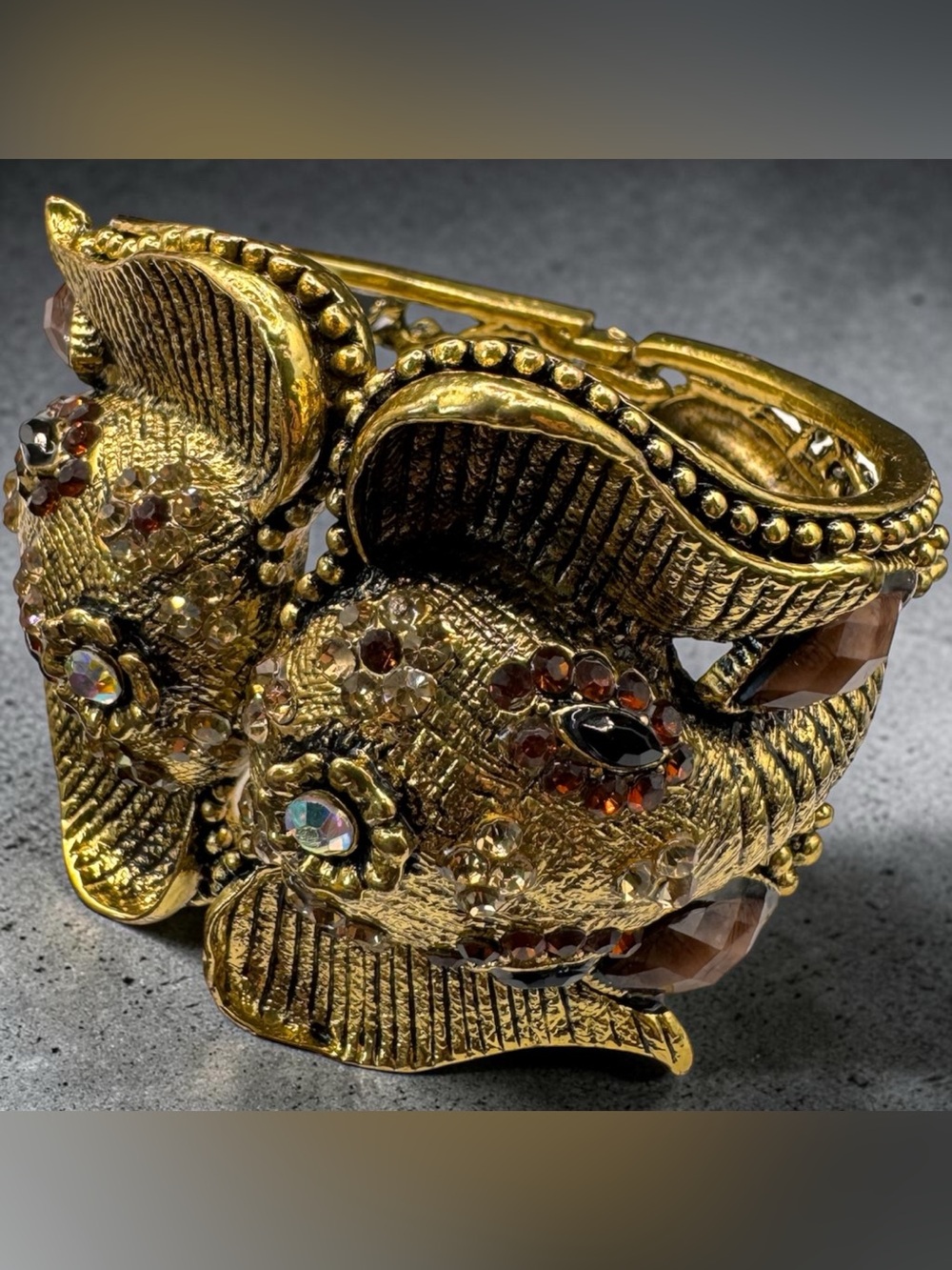 Gold Elephant Statement Cuff Bracelet with Amber and Clear Rhinestones - SKU DR